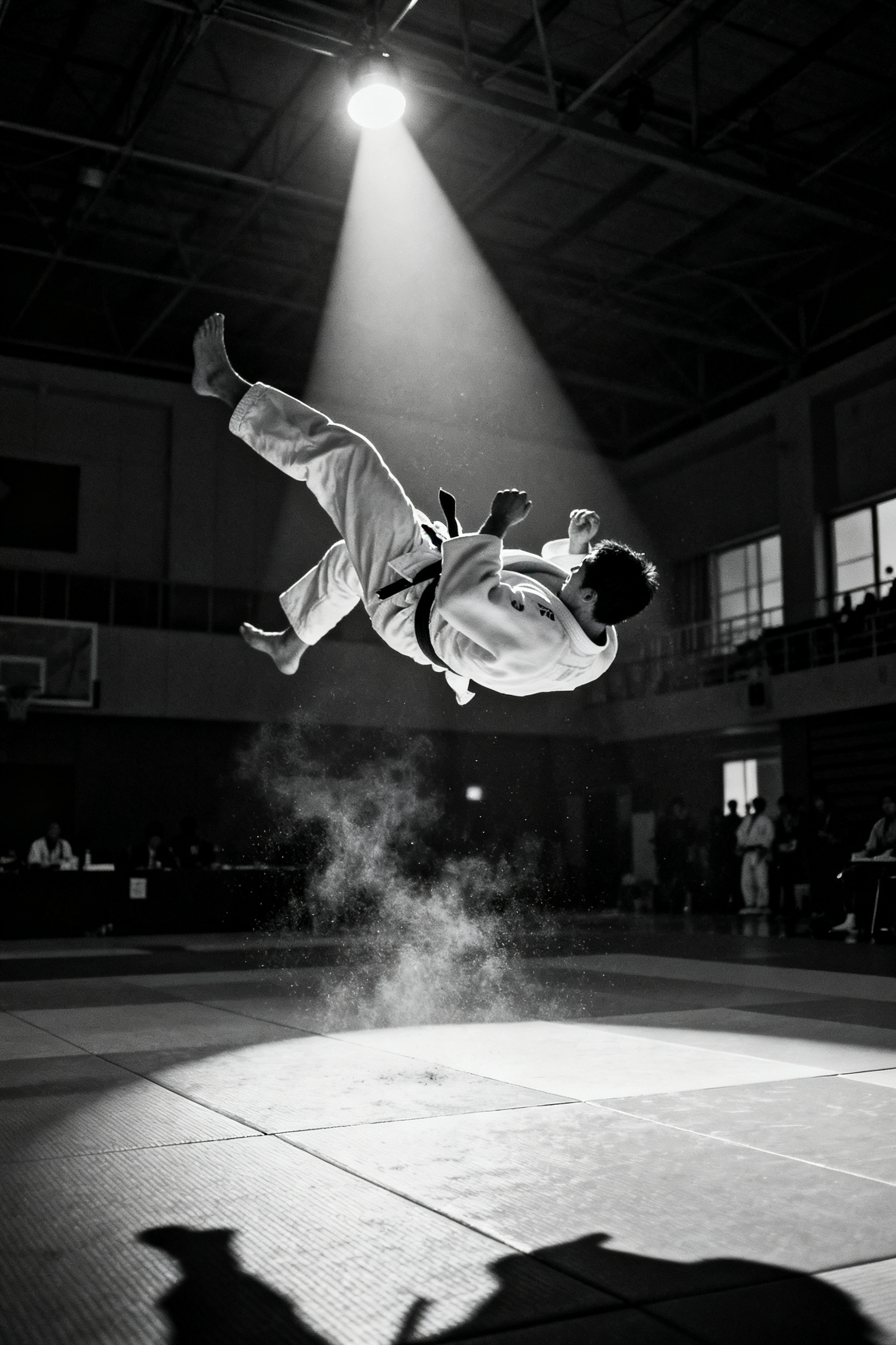 Zwart-wit foto van een judoworp, de geworpen judoka horizontaal in de lucht