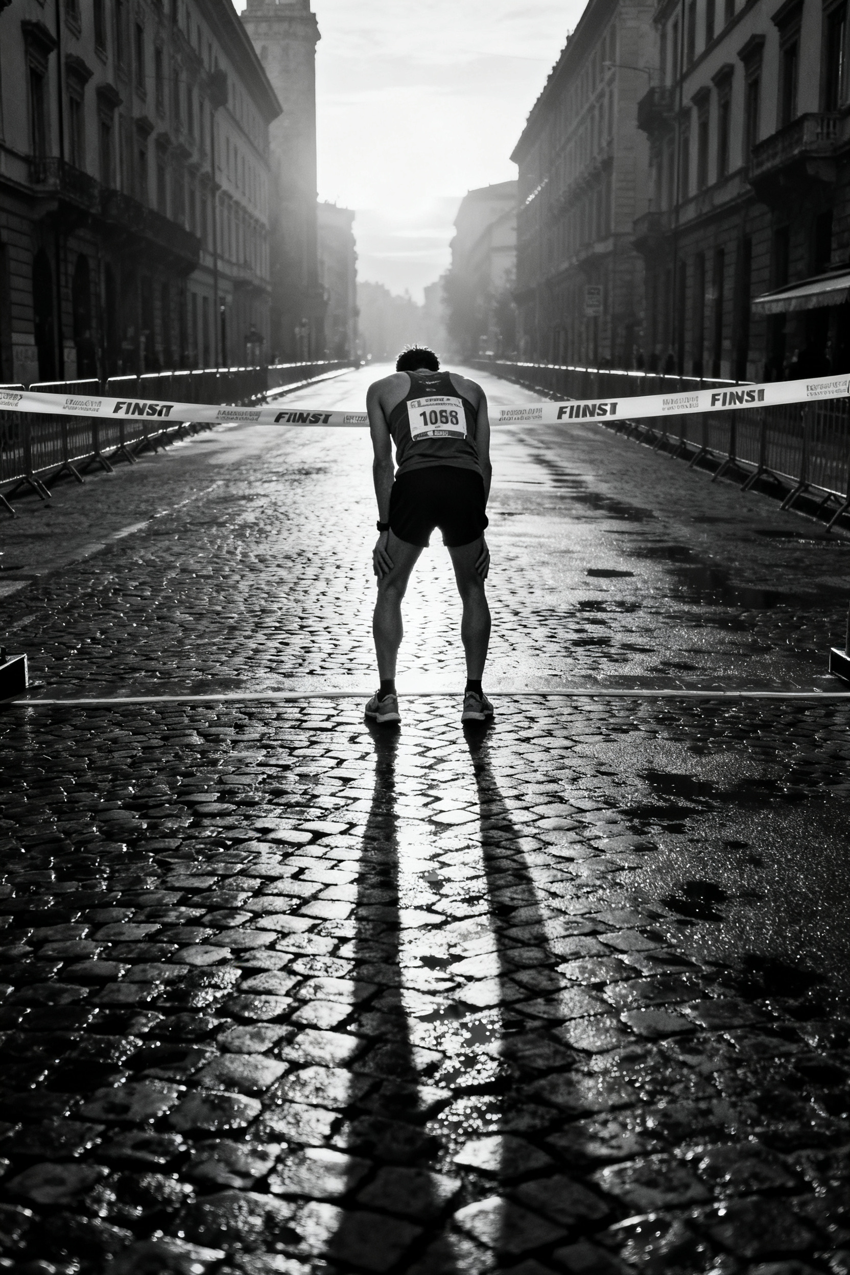 Zwart-wit foto van een uitgeputte marathonloper, handen op de knieën, na de finish op een lege straat